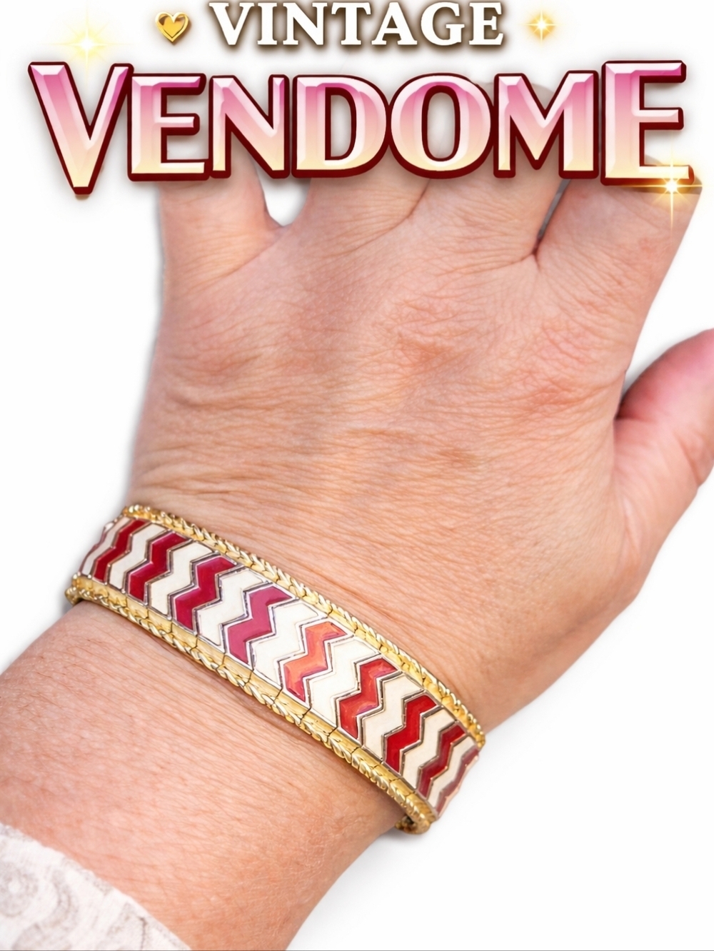 Vintage Vendome Red White Chevron Enamel Gold Tone Bracelet Mod 1960s 70s